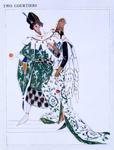 二人の廷臣の衣装デザイン、ジョージバーナードショー作「セントジョーン」のキャラクター、c.1924（紙と鉛筆） 作： Charles Ricketts